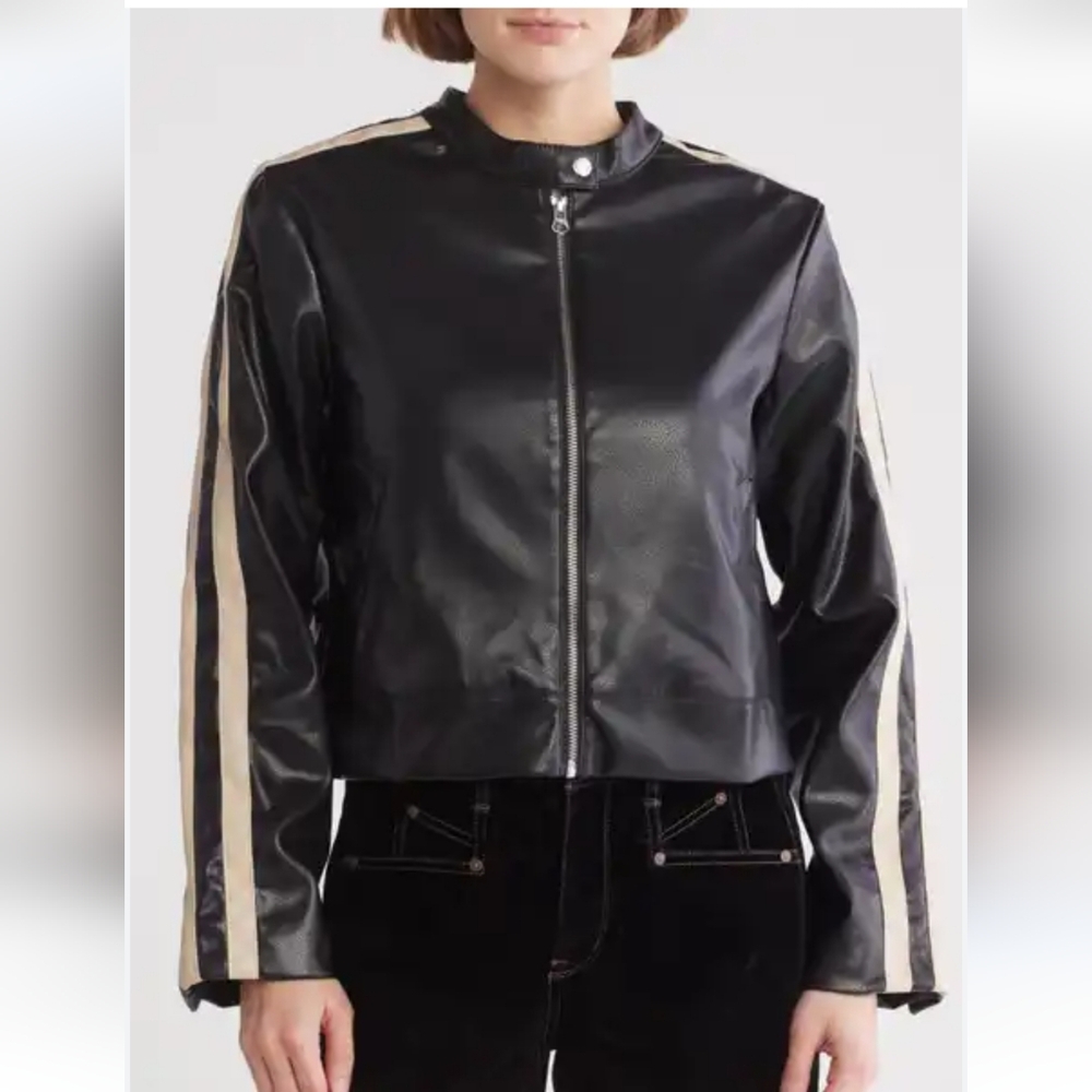 New Democracy Biker Jacket Size M Faux Leather Black Beige Zip Front Moto NWT - Picture 2 of 16